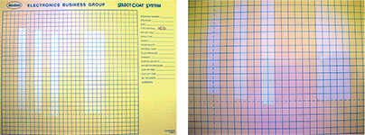 Figure 2. A test card from Nordson, shown with and without UV light illumination on spray patterns.